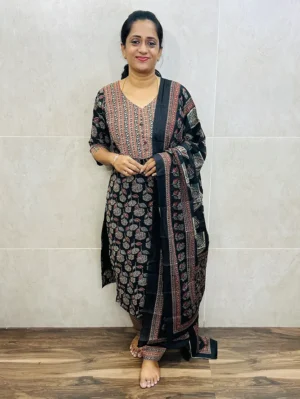 Black - Ajrakh cotton top (cotton lining) paired with printed cotton dupatta and cotton bottom (free size)