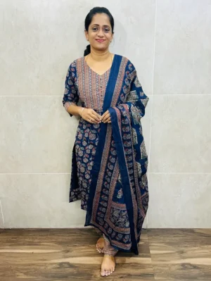 Blue - Ajrakh cotton top (cotton lining) paired with printed cotton dupatta and cotton bottom (free size)