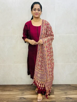 Soft crepe silk top (cotton lining) with potli work on yoke paired with printed semi modal silk dupatta and silk bottom (free size)