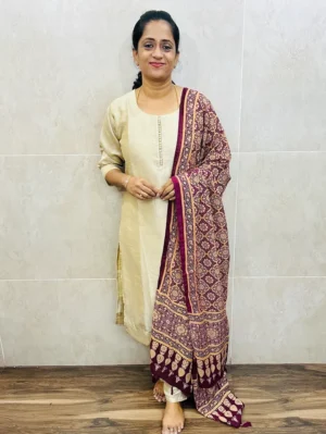 Soft crepe silk top (cotton lining) with potli work on yoke paired with printed semi modal silk dupatta and silk bottom (free size)
