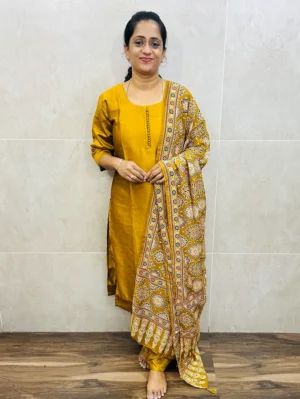 Soft crepe silk top (cotton lining) with potli work on yoke paired with printed semi modal silk dupatta and silk bottom (free size)