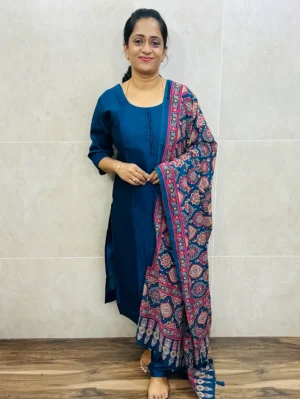 Soft crepe silk top (cotton lining) with potli work on yoke paired with printed semi modal silk dupatta and silk bottom (free size)