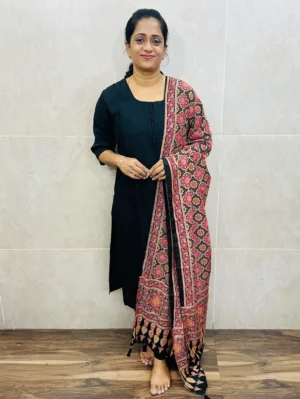 Soft crepe silk top (cotton lining) with potli work on yoke paired with printed semi modal silk dupatta and silk bottom (free size)
