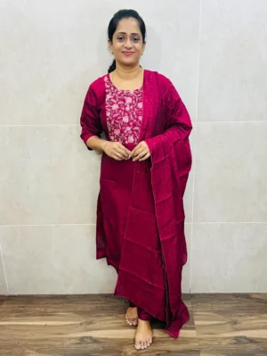 Soft silk top (cotton lining) with embroidered yoke paired with designer soft silk dupatta and silk bottom (free size)