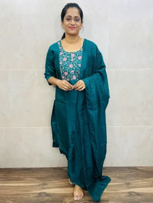 Soft silk top (cotton lining) with embroidered yoke paired with designer soft silk dupatta and silk bottom (free size)