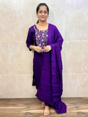 Soft silk top (cotton lining) with embroidered yoke paired with designer soft silk dupatta and silk bottom (free size)