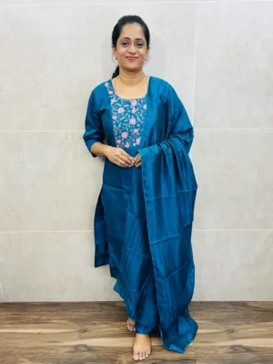 Soft silk top (cotton lining) with embroidered yoke paired with designer soft silk dupatta and silk bottom (free size)