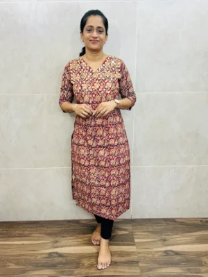 Pure Kalamkari cotton top (cotton lining) with exclusive handworked yoke (straight cut)