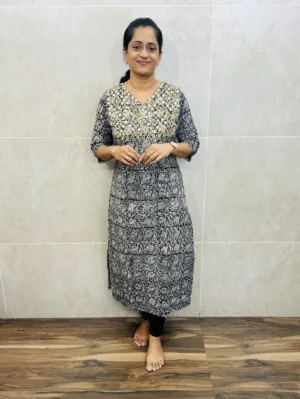 Pure Kalamkari cotton top (cotton lining) with exclusive handworked yoke (straight cut)