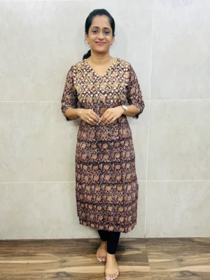 Pure Kalamkari cotton top (cotton lining) with exclusive handworked yoke (straight cut)