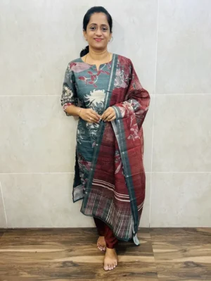 Printed semi tussar top(cotton lining) paired with semi tussar dupatta and silk bottom(free size)