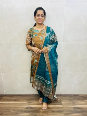 Printed semi tussar top(cotton lining) paired with semi tussar dupatta and silk bottom(free size)