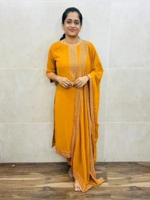 Georgette top(full crepe lining) with allover embroidery paired with georgette dupatta and silk bottom(straight cut)