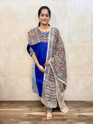 (Violet blue)Pure cotton top (cotton lining) paired with Kalamkari dupatta and Kalamkari bottom (free size)