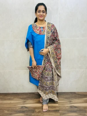 Pure cotton top (cotton lining) paired with Kalamkari dupatta and Kalamkari bottom (free size)