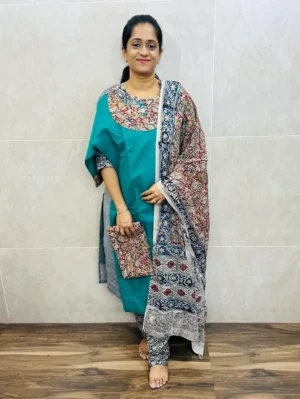 Pure cotton top (cotton lining) paired with Kalamkari dupatta and Kalamkari bottom (free size)