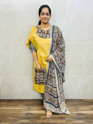 Pure cotton top (cotton lining) paired with Kalamkari dupatta and Kalamkari bottom (free size)