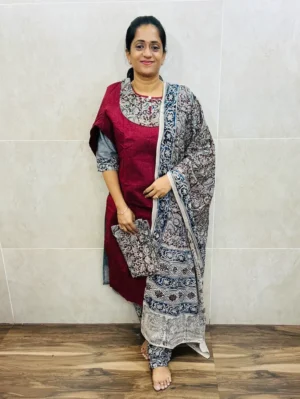 (Maroon)Pure cotton top (cotton lining) paired with Kalamkari dupatta and Kalamkari bottom (free size)
