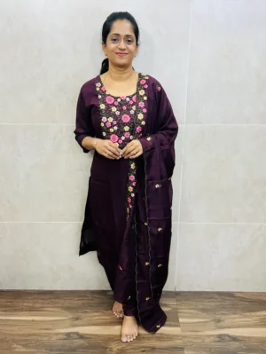 Soft crepe silk top(full crepe lining)with embroidered yoke paired with embroidered soft silk dupatta and silk bottom(free size)