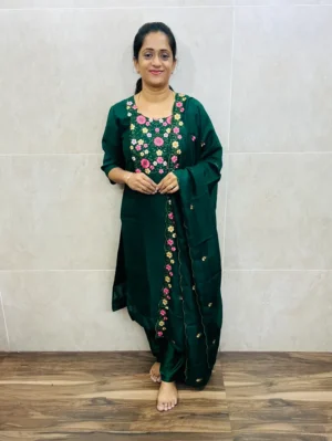Soft crepe silk top(full crepe lining)with embroidered yoke paired with embroidered soft silk dupatta and silk bottom(free size)