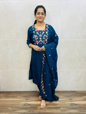 Soft crepe silk top(full crepe lining)with embroidered yoke paired with embroidered soft silk dupatta and silk bottom(free size)