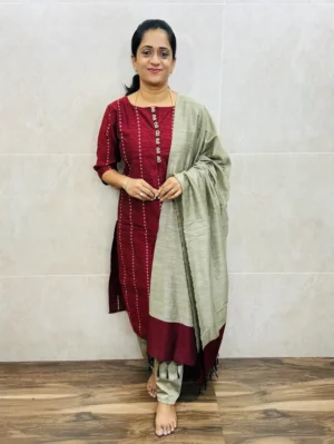 Semi raw silk top(cotton lining) with allover thread weavings paired with semi raw silk dupatta and semi raw silk bottom(free size)
