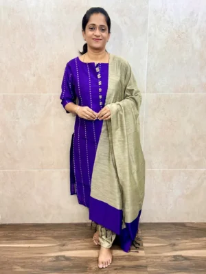 (Violet blue)Semi raw silk top(cotton lining) with allover thread weavings paired with semi raw silk dupatta and semi raw silk bottom(free size)
