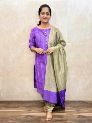 Semi raw silk top(cotton lining) with allover thread weavings paired with semi raw silk dupatta and semi raw silk bottom(free size)