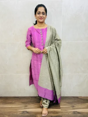 Semi raw silk top(cotton lining) with allover thread weavings paired with semi raw silk dupatta and semi raw silk bottom(free size)