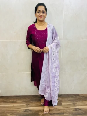(Majenta)Soft crepe silk top(crepe lining) with embroidered yoke paired with printed brasso dupatta and silk bottom(free size)