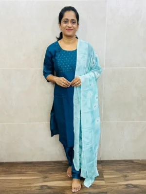 (Peacock blue)Soft crepe silk top(crepe lining) with embroidered yoke paired with printed brasso dupatta and silk bottom(free size)