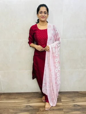 (Maroon)Soft crepe silk top(crepe lining) with embroidered yoke paired with printed brasso dupatta and silk bottom(free size)
