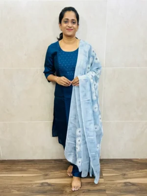 (Dark blue)Soft crepe silk top(crepe lining) with embroidered yoke paired with printed brasso dupatta and silk bottom(free size)