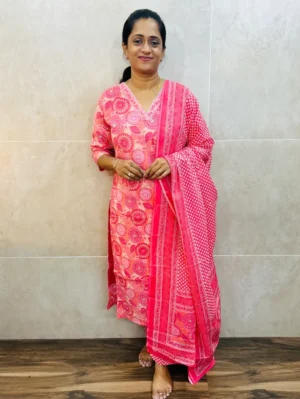 Printed jaipur cotton(cotton lining) top paired with printed cotton dupatta and cotton bottom (straight cut)