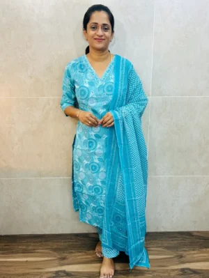 Printed jaipur cotton(cotton lining) top paired with printed cotton dupatta and cotton bottom (straight cut)