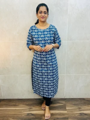 Original Handblock printed premium cotton top (cotton lining) with mirrorworked yoke (straight cut)