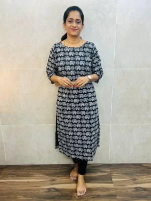 Original Handblock printed premium cotton top (cotton lining) with mirrorworked yoke (straight cut)