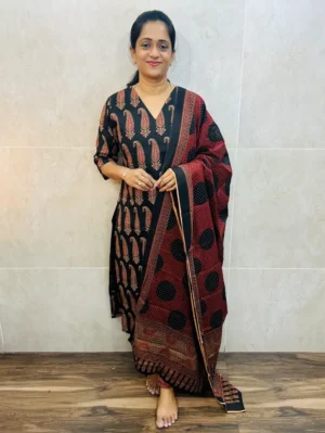 Ajrakh printed cotton top(cotton lining)paired with cotton dupatta and cotton bottom(straight cut)