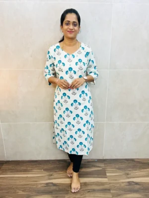 Premium cotton top(cotton lining) with allover block prints and handworked yoke(straight cut)