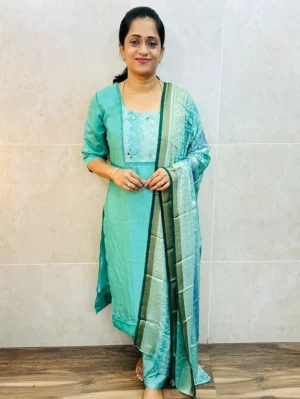 Sea green - Soft crepe silk top (cotton lining) paired with brasso silk dupatta and silk bottom (free size)