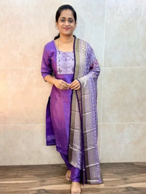 Soft crepe silk top (cotton lining) paired with brasso silk dupatta and silk bottom (free size)