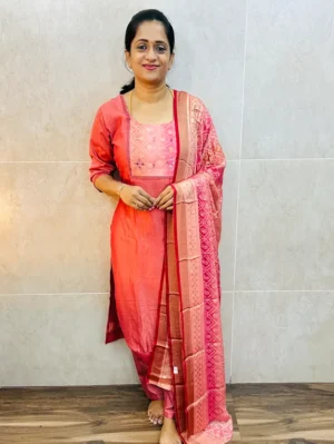 Soft crepe silk top (cotton lining) paired with brasso silk dupatta and silk bottom (free size)