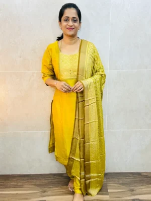 Soft crepe silk top (cotton lining) paired with brasso silk dupatta and silk bottom (free size)