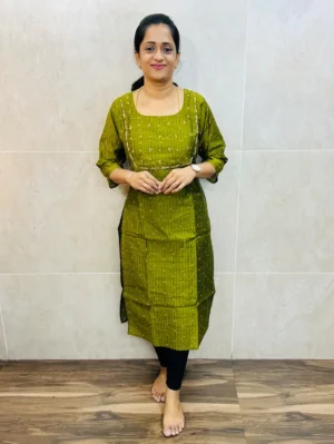 (Mehandi green)Semi raw silk top(cotton lining) with allover thread weaving buttas and handworked yoke(straight cut)