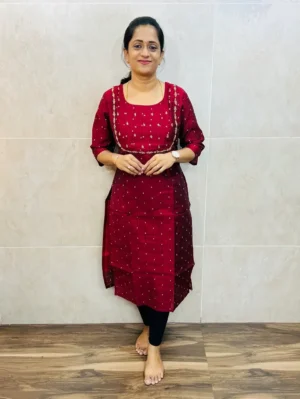 (Red)Semi raw silk top(cotton lining) with allover thread weaving buttas and handworked yoke(straight cut)