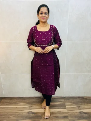 (Maroonish purple)Semi raw silk top(cotton lining) with allover thread weaving buttas and handworked yoke(straight cut)