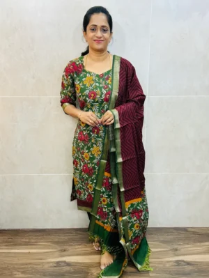 Premium modal silk top(cotton lining) paired with modal silk dupatta and silk bottom(free size)