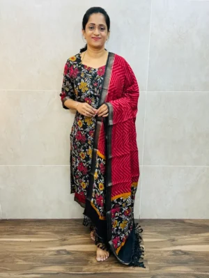 Premium modal silk top(cotton lining) paired with modal silk dupatta and silk bottom(free size)