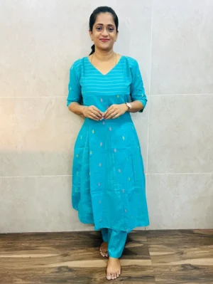 Sea Blue - Pure handloom cotton top with allover thread weavings (panel cut Anarkali) paired with handloom cotton bottom (free size)