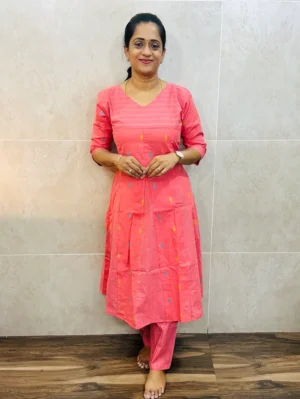 Pure handloom cotton top with allover thread weavings (panel cut Anarkali) paired with handloom cotton bottom (free size)